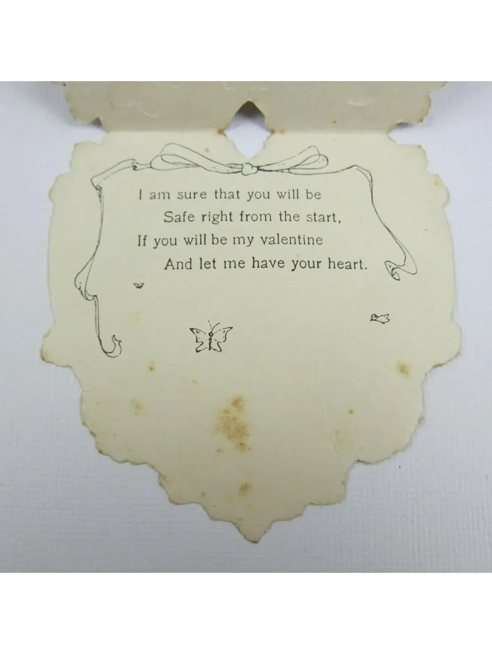 Vintage Valentine Card Die cut Girl Blue Dress & Bonnet Hat Hearts Flowers Gold